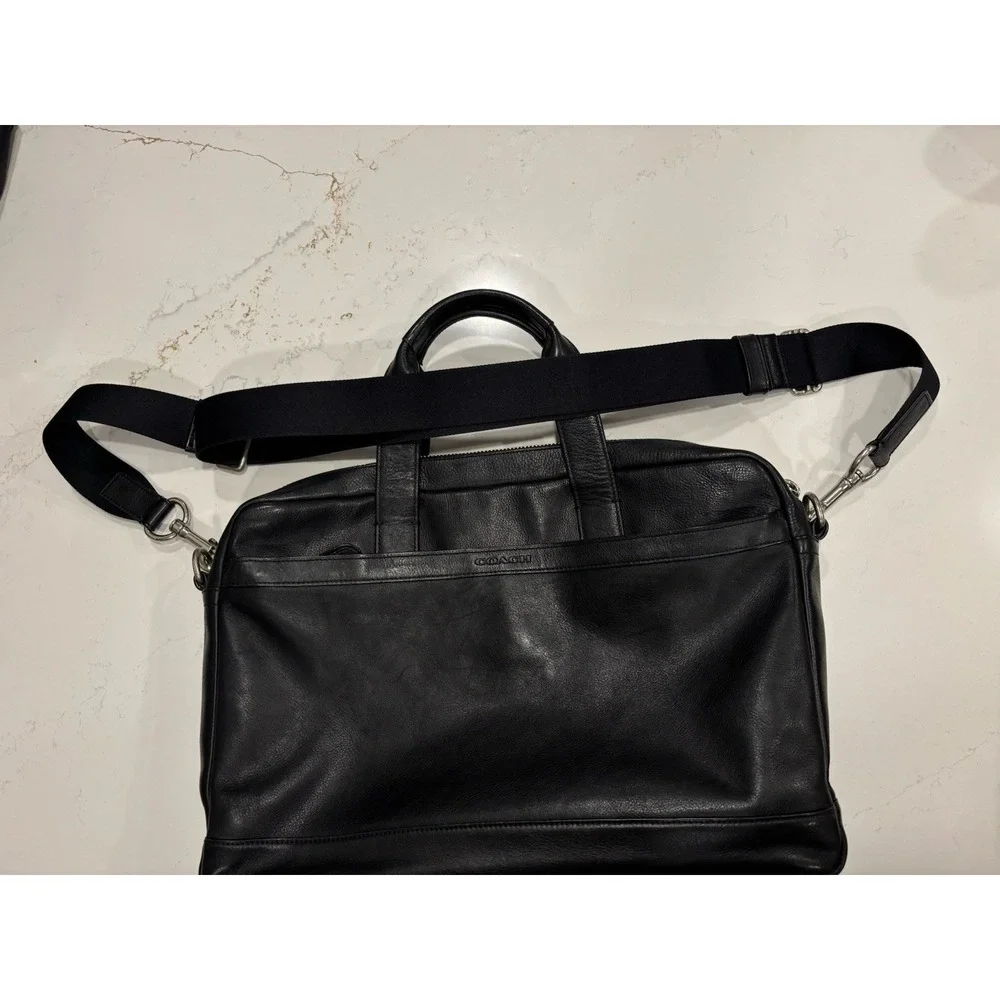 Coach Hudson Slim Briefcase Black Leather Laptop Bag Mens F71561 Crossbody Strap
